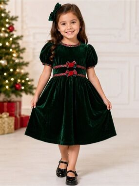Rare Editions Dark Green Velvet Holiday Dress with Red Plaid Trim